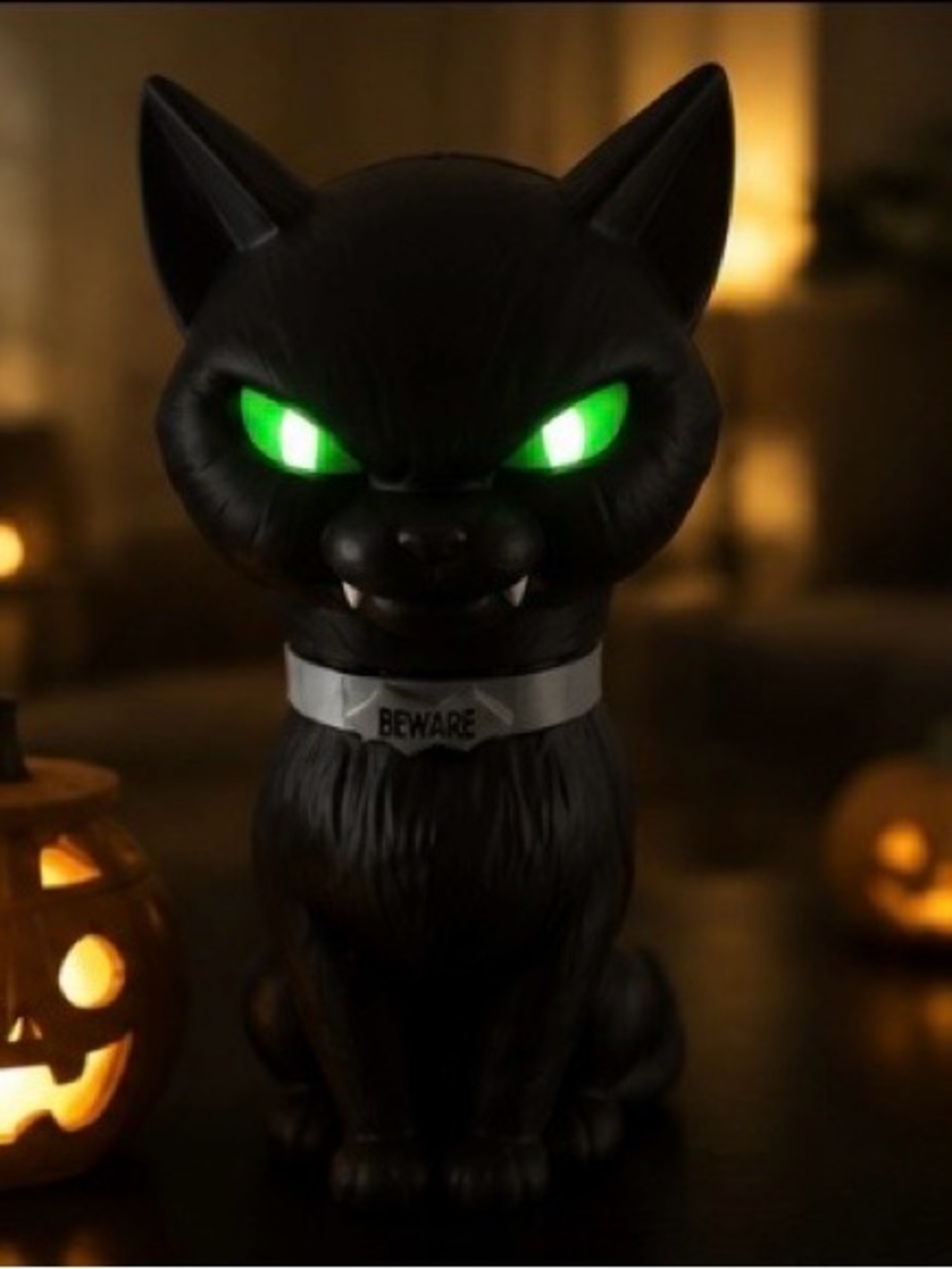 Black "Beware" Angry Cat with Light Up Green Eyes - Sound-Activated, Black Cat